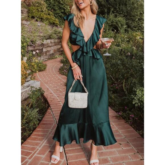 Show Me Your MuMu Dresses & Skirts - Show Me Your Mumu Zoey Midi Dress NEW Deep Emerald Green Satin Ruffle Trim Small